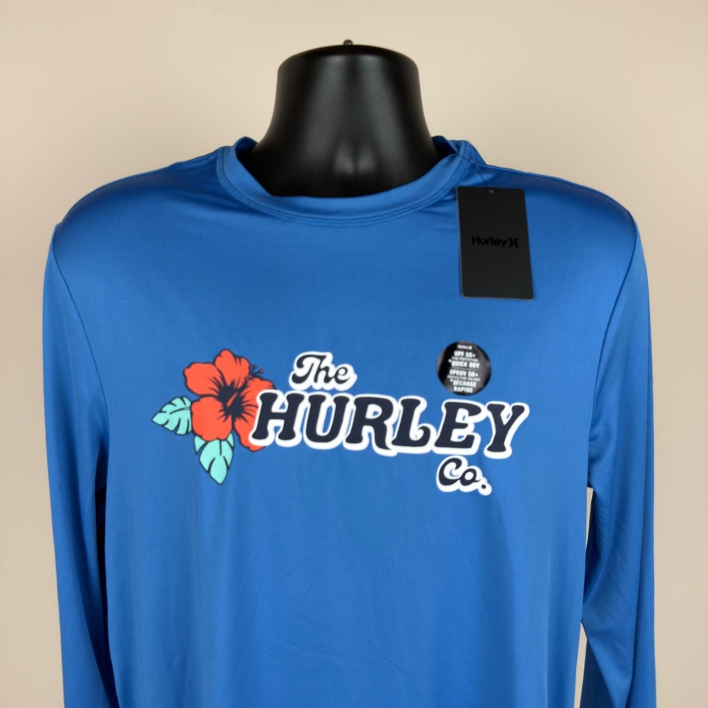 Hurley Mens Floral LS Sunshirt Seaview Blue UPF 50+ Rash Guard Medium New